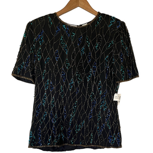 Vintage Laurence Kazar Blouse Silk Sequined Beaded Black Blue Green Size L New